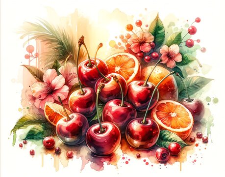Watercolor Painting of Cherries with other Fruits