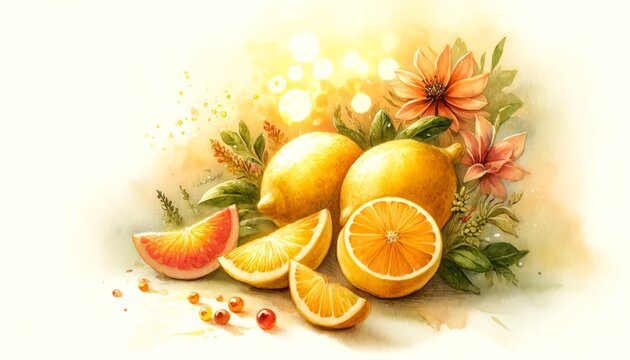 Watercolor Painting of Lemons with other Fruits