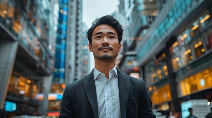 a young thai people entrepreneur walking through a bustling city street, skyscrapers in the background, dynamic and ambitious mood  - obrazy, fototapety, plakaty