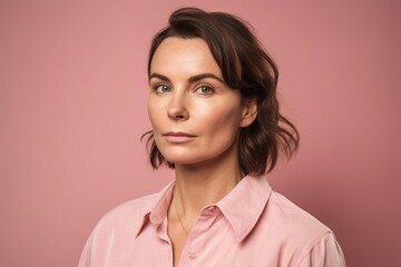 A woman with a green eye stands in front of a pink background