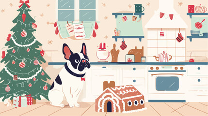 French bulldog looking at gingerbread house in kitche