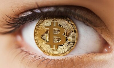 This image captures a Bitcoin reflected in an eye, symbolizing the keen vision for cryptocurrency investment. The merging of human sight and digital currency speaks to a new era of finance. AI