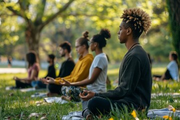 Guided meditation session with a group in a park