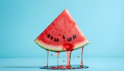 Melting watermelon slice on blue background with space for text. Creative summer composition.
