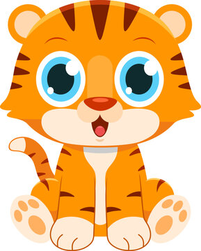Cute Baby Tiger Cartoon Character. Vector Illustration Flat Design Isolated On Transparent Background