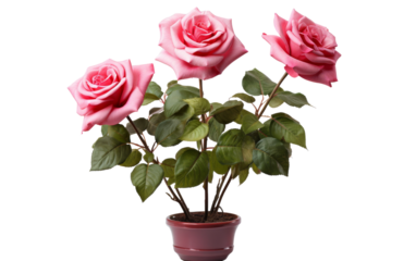 Three delicate pink roses bloom in a pot against a pristine white background