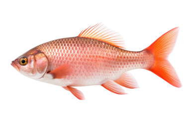 A vibrant red fish gracefully swims in a serene white background