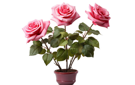 Three delicate pink roses bloom in a pot against a pristine white background