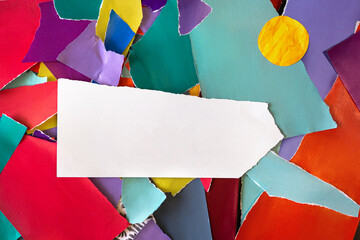 Abstract collage mosaic art with colored paper torn pieces element. Zine culture. White blank copy space.