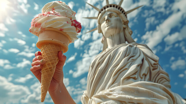 A clever juxtaposition of the Statue of Liberty holding a giant ice cream cone against a clear blue sky with fluffy clouds