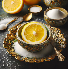 Lemon with sugar served in gilded dishes