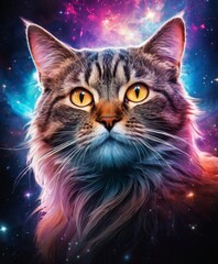 A majestic cat with a cosmic background gazes forward, its eyes gleaming with the stars. The fusion of feline grace and celestial wonder evokes a sense of mystique. AI generation AI generation