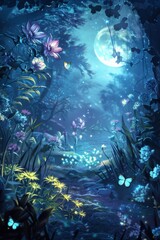 Obraz na płótnie Canvas Night Scene With Butterflies and Flowers