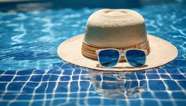 Straw hat, sunglasses and cocktail on swimming pool side. Blue sea surface with waves, texture water and sunlight shadow reflections. Summer travel and vacation