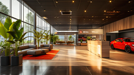 Modern car dealership showroom interior with elegant furniture and design. Bright indoor lighting and a welcoming atmosphere. Automotive sales and luxury retail concept for marketing materials