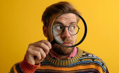 Man in Sweater Investigating with Magnifying Glass