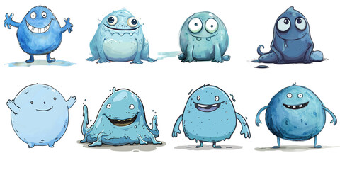 cartoon drawing of an anthropomorphic blue slime creature smiling, sitting on the ground, full body...