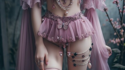 close up lingerie and underwear fashion portrait, pretty girl wearing sexy pink panties decorated with butterfly pearls and glitter, fantasy fairytales atmosphere, - obrazy, fototapety, plakaty