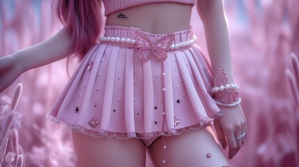 close up sexy girl wearing a pink fairy tutu skirt in dreamlike atmosphere, fantasy dreamlike fairytale atmosphere, Generative Ai - obrazy, fototapety, plakaty