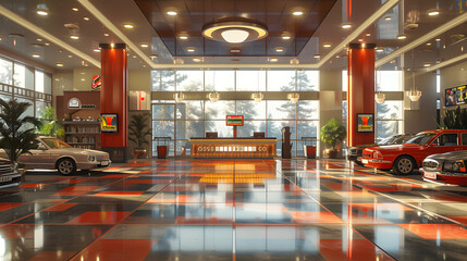 Modern car dealership showroom interior with elegant furniture and design. Bright indoor lighting and a welcoming atmosphere. Automotive sales and luxury retail concept for marketing materials