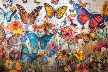 Fototapeta na wymiar Cluster of Butterflies on a Wall