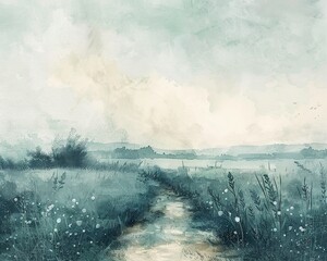 Countryside landscape in 6K, watercolor on textured paper, cool tones, tranquil and detailed