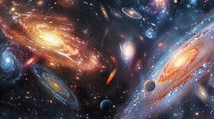A breathtaking view of a cosmic symphony, with swirling galaxies and colliding stars producing a cacophony of colors and light that reverberates throughout the universe. - obrazy, fototapety, plakaty