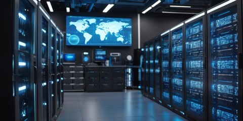 The command center of a data facility with a global data map display, signifying the interconnected nature of today's digital world. The room is equipped with state-of-the-art monitoring systems. AI - obrazy, fototapety, plakaty