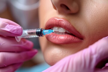 Cosmetologist making botox filler injection in female lips with syringe in beauty salon, Generative AI