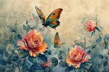 Painting of Roses and Butterflies - obrazy, fototapety, plakaty