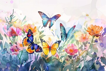 Butterflies Flying Over Flowers Painting