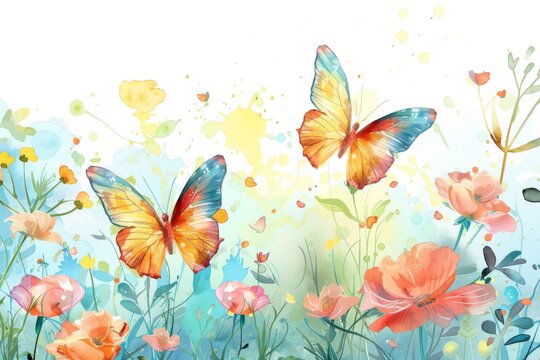 Butterflies Flying Over Field of Flowers