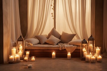 Fototapeta na wymiar Tranquil Meditation Room Designs: Scented Candles & Relaxing Aroma Haven