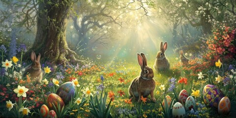 A rabbit is nestled among the flowers in a meadow surrounded by lush green grass and beautiful natural landscape in a forest AIG42E