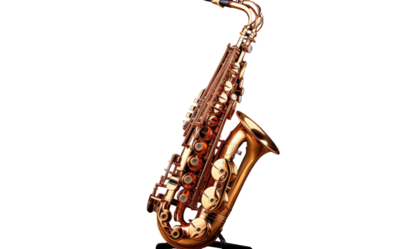 A sleek saxophone rests elegantly on a stand against a pristine white background