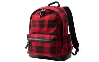 A vibrant red and black plaid backpack with contrasting black straps