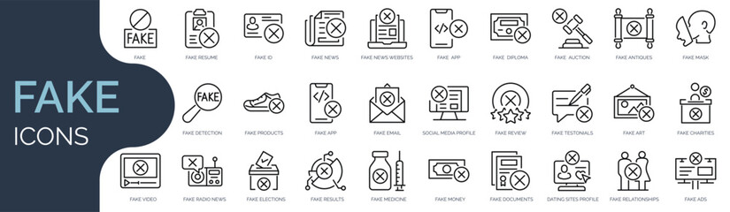 Set of outline icons related to fake. Linear icon collection. Editable stroke. Vector illustration
