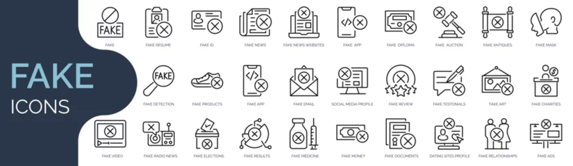 Rollo Set of outline icons related to fake. Linear icon collection. Editable stroke. Vector illustration © SkyLine