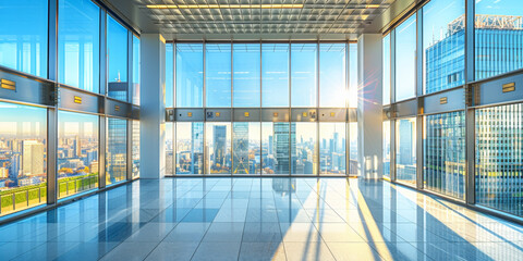 A large, empty room with a view of the city. The room is filled with large windows that let in a lot of natural light