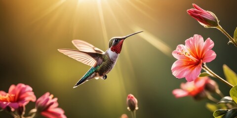Fototapeta premium A hummingbird with iridescent feathers hovers mid-air beside vibrant pink flowers, bathed in the golden light of dawn. This scene captures the delicate grace of nature's avian jewel against a luminous