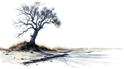 Old Tree And Dry Grass. Illustration On The Theme Of Nature And Plants, Climate And Ecology. Generative AI	

