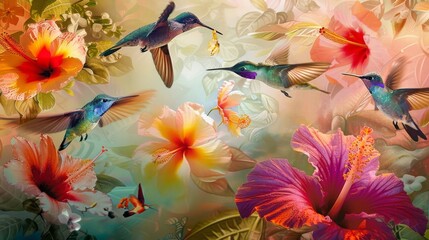A captivating array of colorful hummingbirds, flitting among the vibrant blossoms of a tropical garden, their iridescent feathers catching the light as they hover in mid-air to sip nectar from delicat
