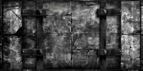 A black and white photo of a wall with a wooden frame. The frame is made of metal and has a rustic look. The wall is covered in cracks and has a rough texture. The photo gives off a sense of decay - obrazy, fototapety, plakaty