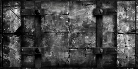 Fotobehang A black and white photo of a wall with a wooden frame. The frame is made of metal and has a rustic look. The wall is covered in cracks and has a rough texture. The photo gives off a sense of decay © Дмитрий Симаков