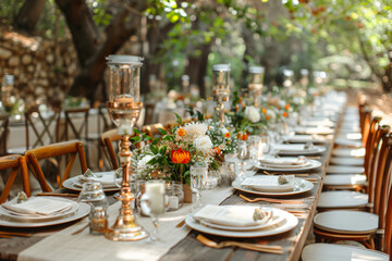 Elegant outdoor wedding table setting with floral centerpieces. Festive dinner reception in natural garden setting. Event design concept for design and print. Panoramic view with evening ambiance