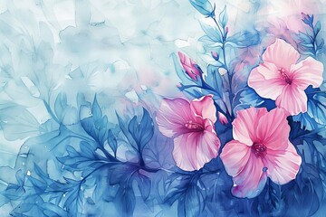 Pink Flowers on Blue Background