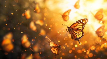 A captivating flock of monarch butterflies, their delicate wings shimmering in the golden light of the afternoon sun as they embark on their annual migration southward in search of warmer climates. - obrazy, fototapety, plakaty