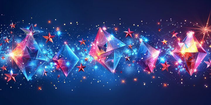 A colorful and bright image of stars and triangles. The stars are scattered throughout the image, with some being larger and more prominent than others