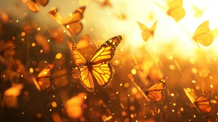 Fotobehang A captivating flock of monarch butterflies, their delicate wings shimmering in the golden light of the afternoon sun as they embark on their annual migration southward in search of warmer climates. © Haseeb