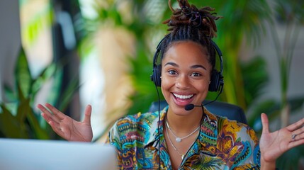 Smiling Woman in Headphones, Wearing a Shirt with Monthly Events Generative AI